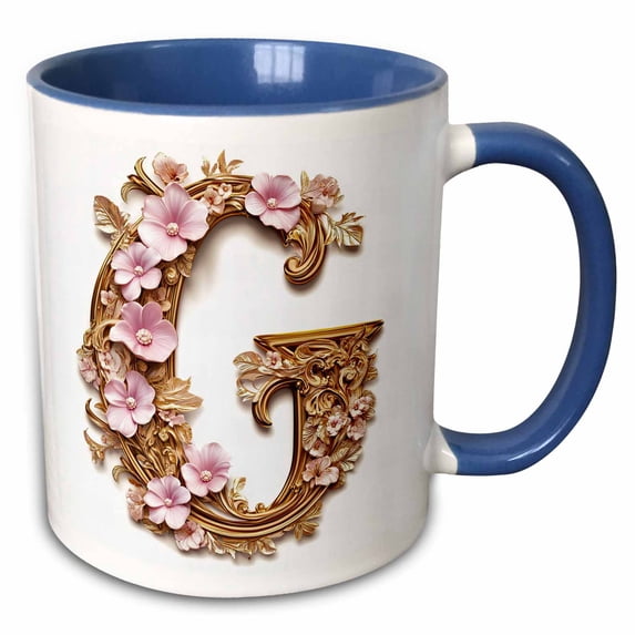 3drose, Pink and Image of Gold Floral Monogram Initial G, 15oz Two-tone Blue Mug