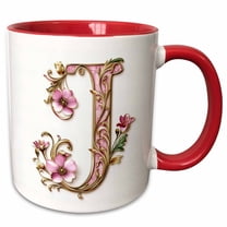 3drose, Pink and Image of Gold Floral Monogram Initial J, 15oz Two-tone Red Mug