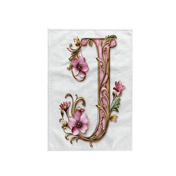 3dRose, Pink and Image Of Gold Floral Monogram Initial J, 15x22 Hand Towel