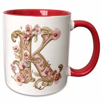 3drose, Pink and Image of Gold Floral Monogram Initial K, 15oz Two-tone Red Mug