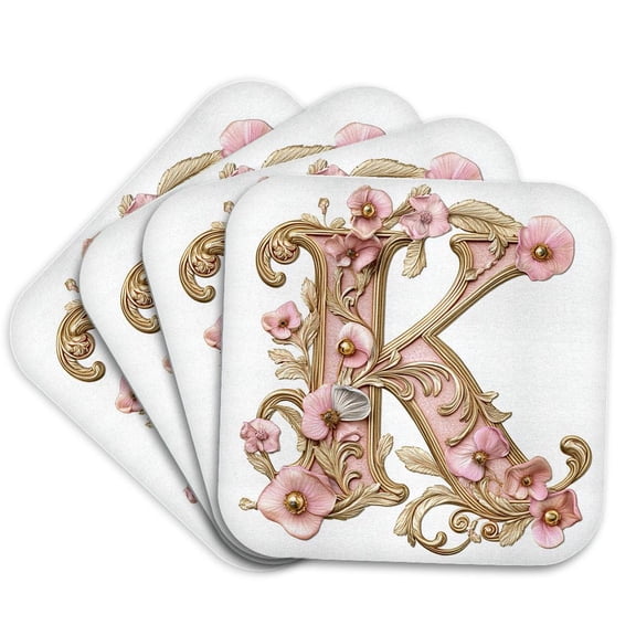 3drose, Pink and Image of Gold Floral Monogram Initial K, Set of 4 Coasters - Soft