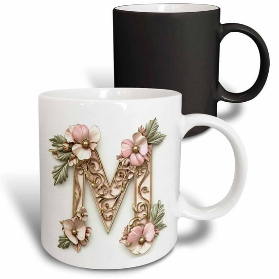 3drose, Pink and Image of Gold Floral Monogram Initial M, 11oz Magic Transforming Mug