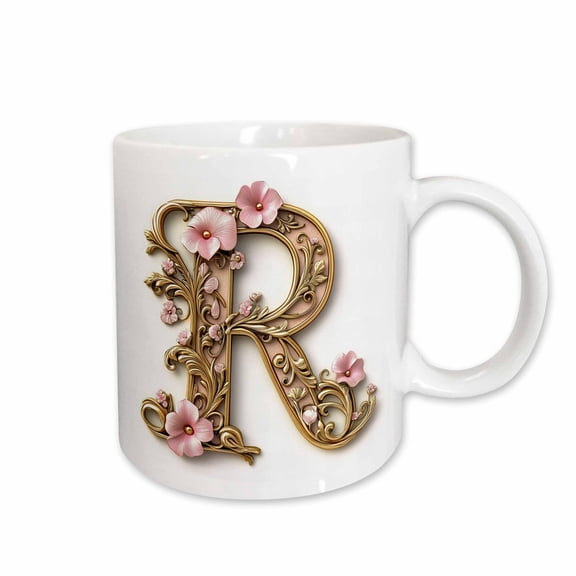 3drose, Pink and Image of Gold Floral Monogram Initial R, 11oz Mug
