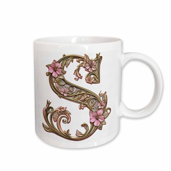 3drose, Pink and Image of Gold Floral Monogram Initial S, 11oz Mug