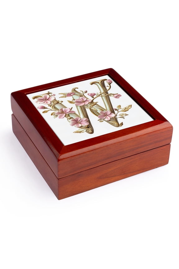, Pink and Image Of Gold Floral Monogram Initial W, Jewelry Box 5.5x5.5 inch with 4 inch tile