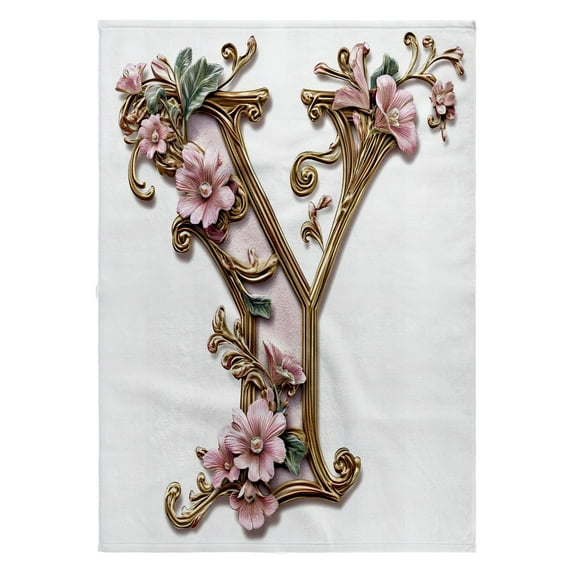 3dRose, Pink and Image Of Gold Floral Monogram Initial Y, 22x30 Bath Hand Pool Towel