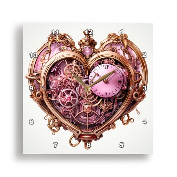 3dRose, Pink and Image Of Gold Steampunk Clock Heart Illustration, 15x15 Wall Clock