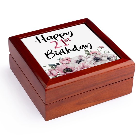 3dRose, Pink and White Anemone Flowers Happy 21st Birthday, Jewelry Box 5.5x5.5 inch with 4 inch tile