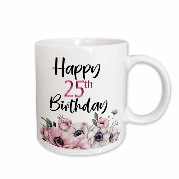 3drose, Pink and White Anemone Flowers Happy 25th Birthday, 15oz Mug