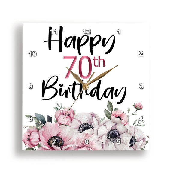 3dRose, Pink and White Anemone Flowers Happy 70th Birthday, 15x15 Wall Clock