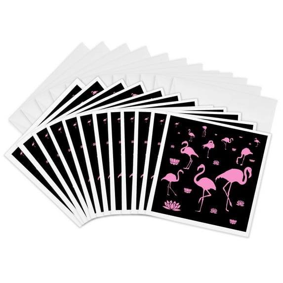 3drose, Pink Flamingo Bird and Lotus Flower Silhouettes on Black, 12 Greeting Cards with Envelopes