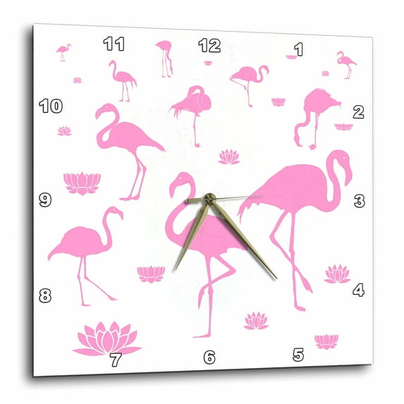 3dRose, Pink flamingo bird and lotus flower silhouettes on white, 13x13 Wall Clock