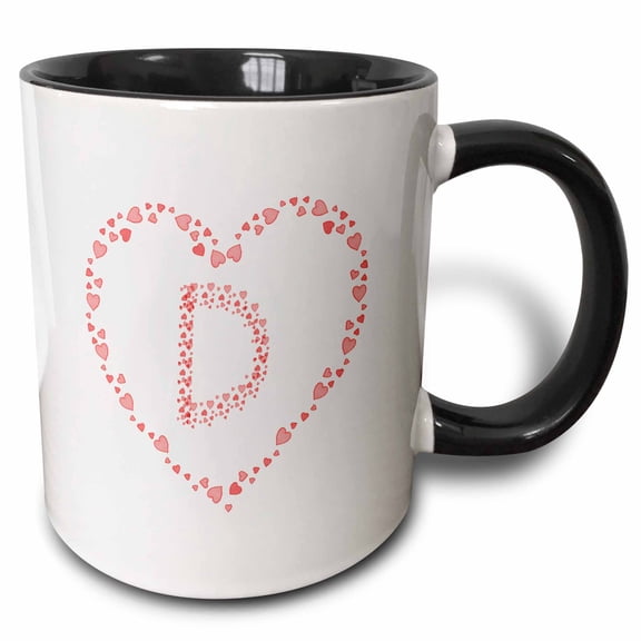 3drose, Pink Hearts Valentine Day Elegant Monogram. Charming Initial D, 11oz Two-tone Black Mug