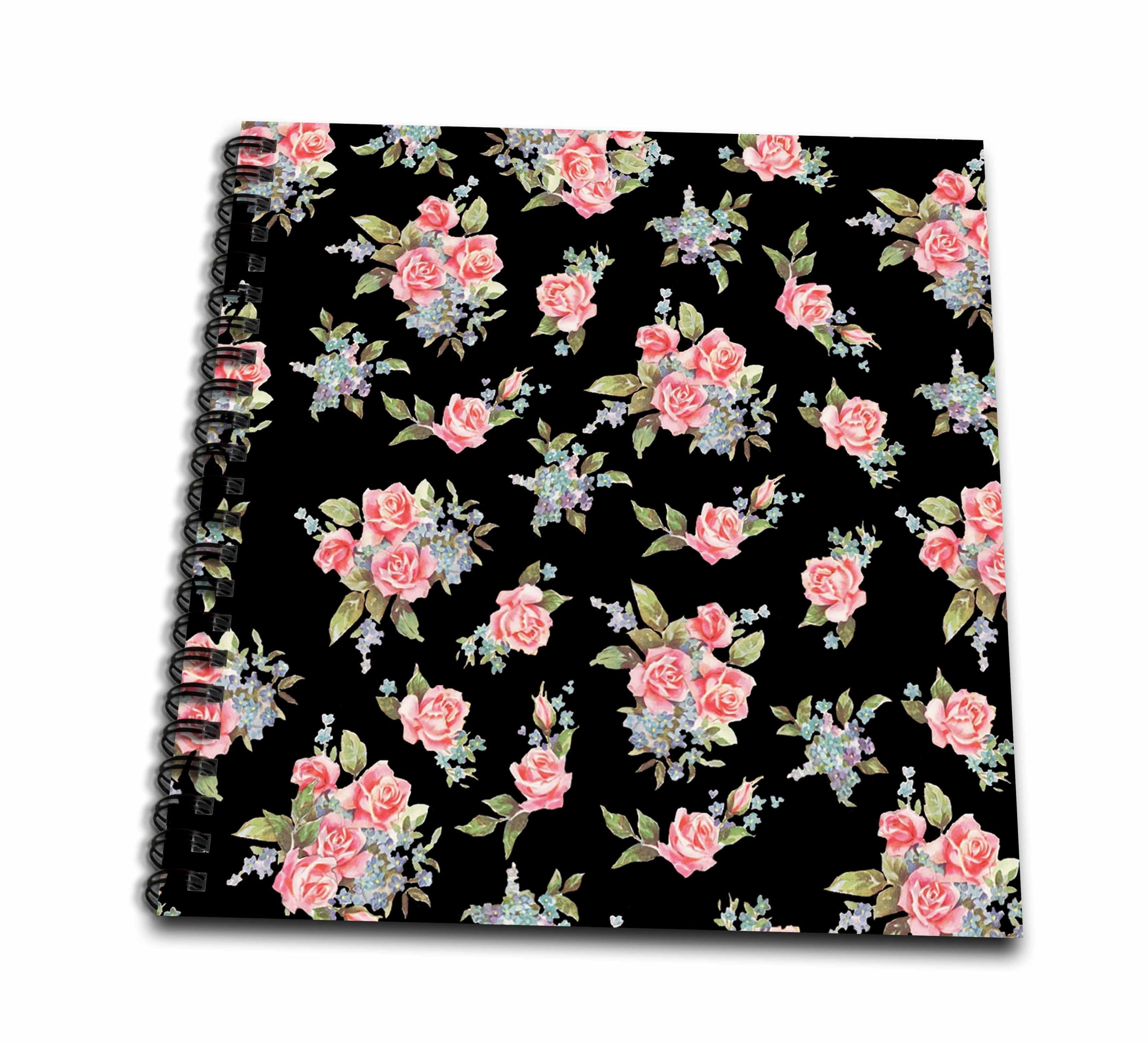 3dRose, Pink roses and blue flowers on elegant black - pretty feminine vintage floral pattern - girly flower, Memory Book 12 x 12 inch