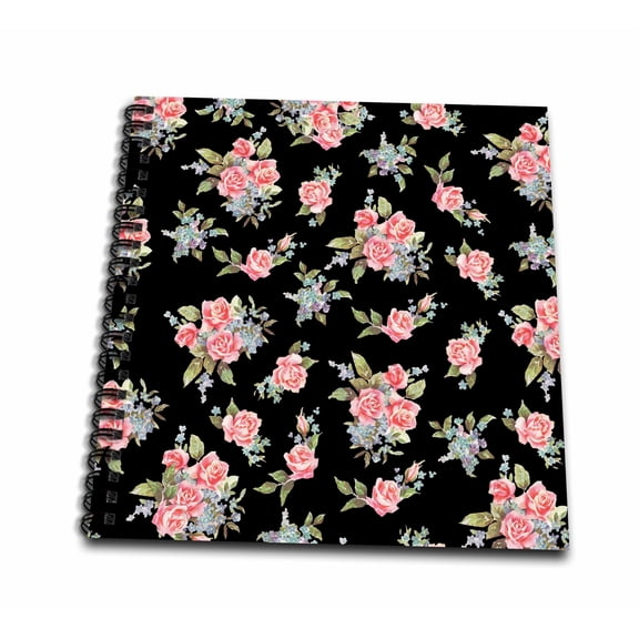 3dRose, Pink roses and blue flowers on elegant black - pretty feminine vintage floral pattern - girly flower, Memory Book 12 x 12 inch