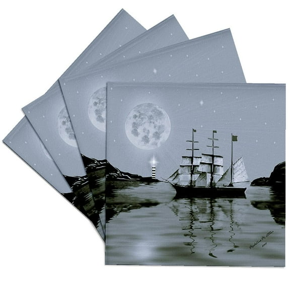 3dRose, Pirate Cove By Night- SmudgeArt Art, Set of 4 Ceramic Tile Coasters
