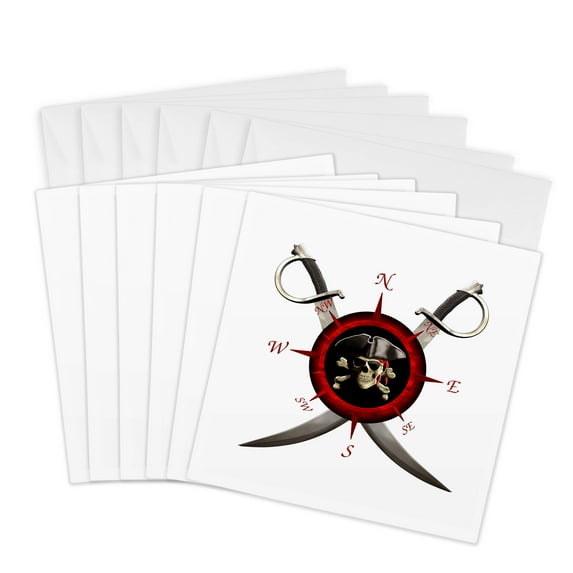 3drose, Pirate Themed Compass Rose with Pirate Skull and Swords., 6 Greeting Cards with Envelopes