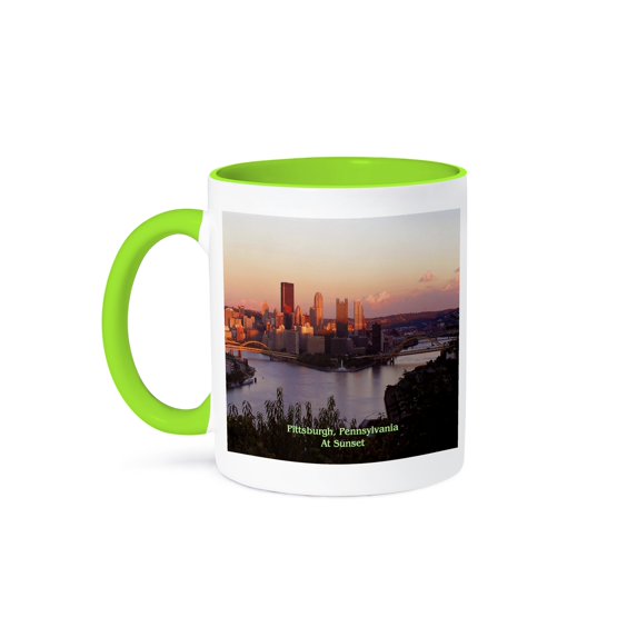3dRose, Pittsburgh Skyline At Sunset, 15oz Two-Tone Green Mug