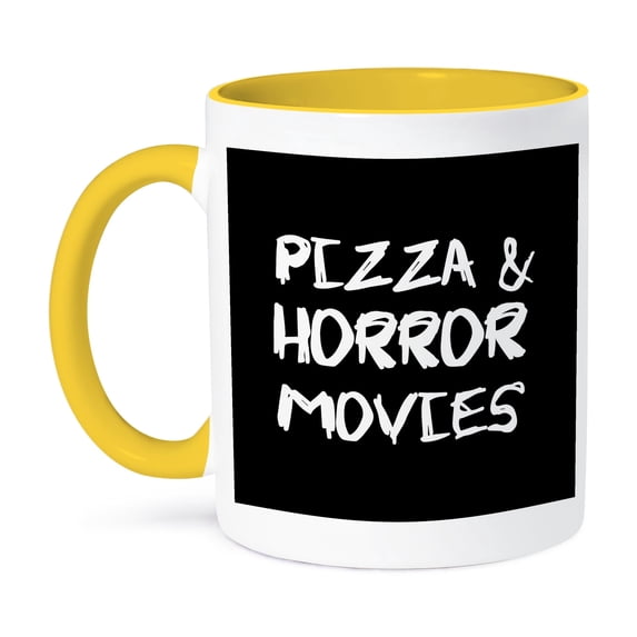 3dRose, Pizza and Horror Movies. White lettering on black background., 11oz Two-Tone Yellow Mug