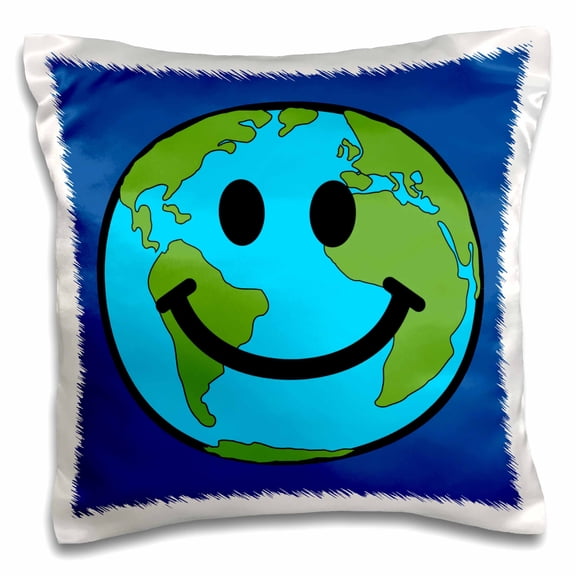 3dRose, Planet Earth smiling Face - Happy World Globe Earth day - Smilie for Peace Eco friendly green symbol, 16x16 inch Pillow Case