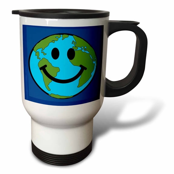 3drose, Planet Earth Smiling Face - Happy World Globe Earth Day - Smilie for Peace Eco Friendly Green Symbol, 14oz Stainless Steel Travel Mug
