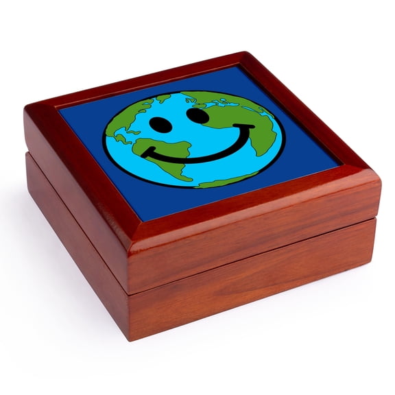 3dRose, Planet Earth smiling Face - Happy World Globe Earth day - Smilie for Peace Eco friendly green symbol, Jewelry Box 5.5x5.5 inch with 4 inch tile