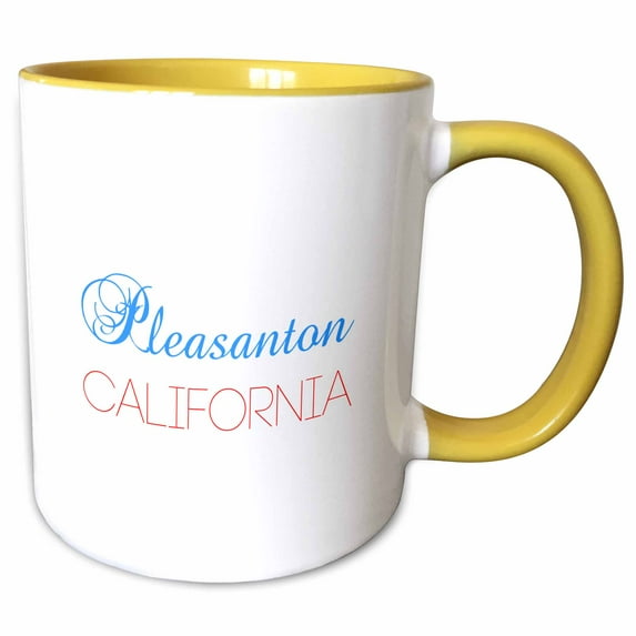 3drose, Pleasanton, California, Red, Blue Text. Patriotic Home Town Design, 15oz Two-tone Yellow Mug