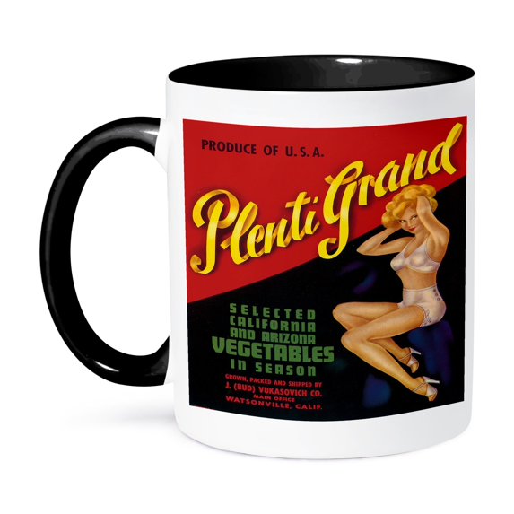 3dRose, Plenti Grand Select Vegetables in Season with Pretty Pin Up Girl, 15oz Two-Tone Black Mug