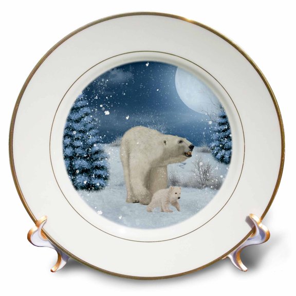 3dRose, Polar bear mum with polar bear cub, 8 inch Porcelain Plate