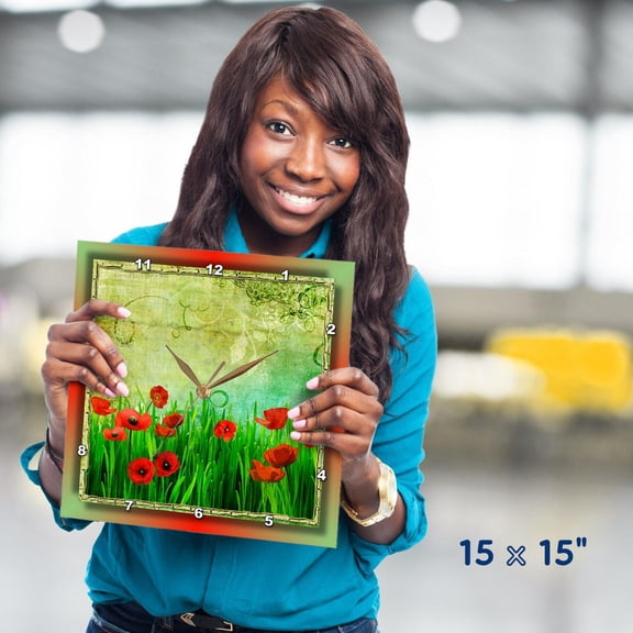 3dRose, Poppy Field, 15x15 Wall Clock