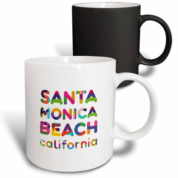 3drose, Popular American Beaches. Santa Monica Beach, California Text Art, 11oz Magic Transforming Mug