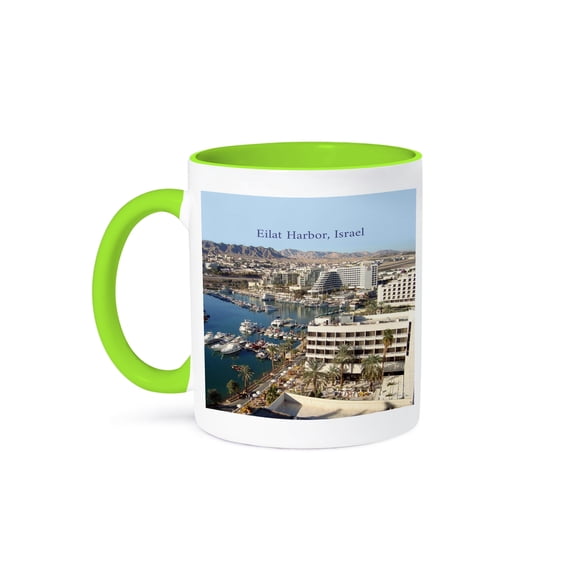 3dRose, Port of Eilat Harbor Israel Skyline and Boats, 15oz Two-Tone Green Mug