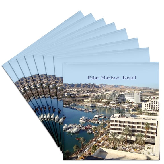 3dRose, Port of Eilat Harbor Israel Skyline and Boats, Set of 8 Ceramic Tile Coasters
