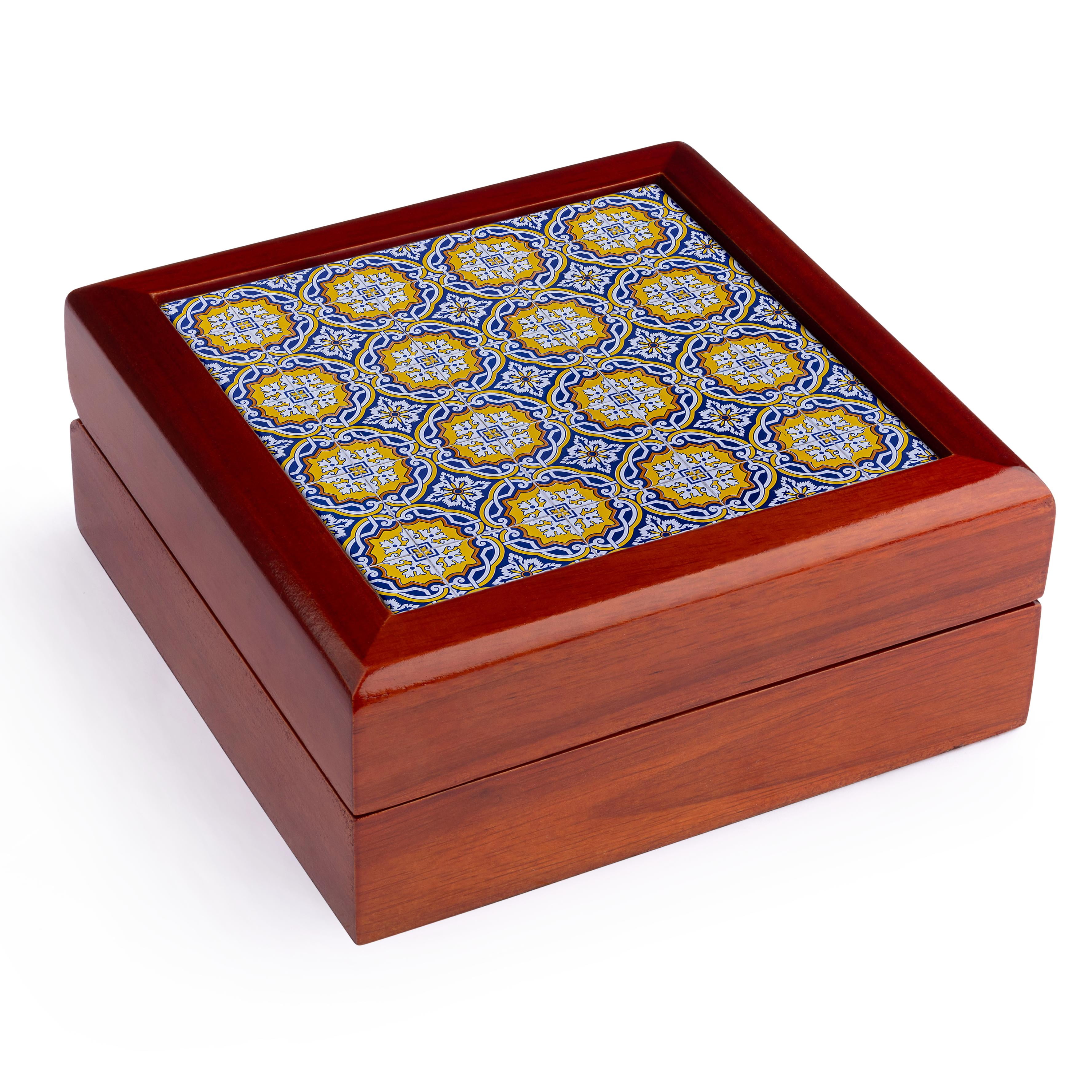 3dRose, Portugal, Aveiro. Hand painted azulejos tiles decorate building. 1, Jewelry Box 5.5x5.5 inch with 4 inch tile