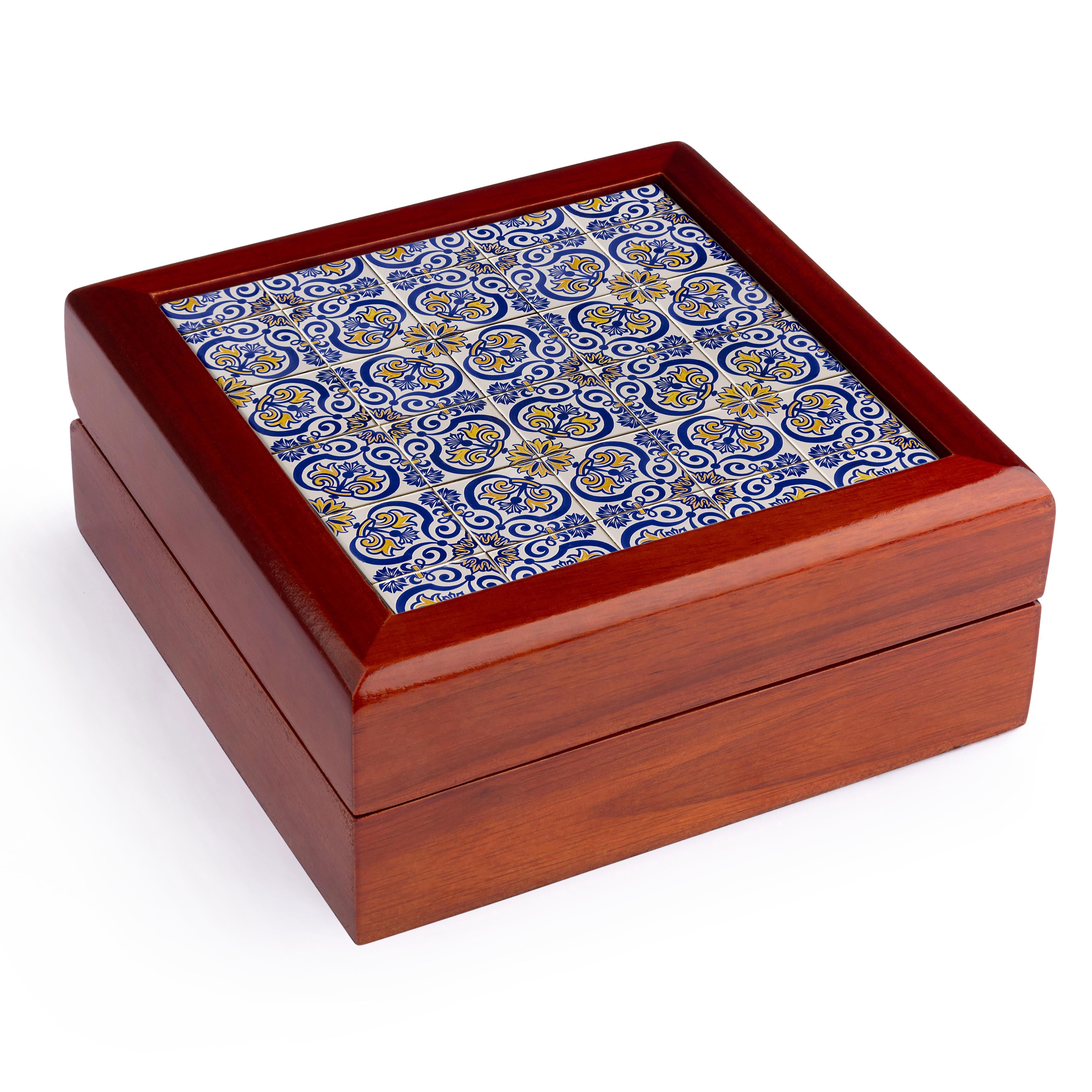 3dRose, Portugal, Caminha. Hand painted azulejos tiles on a building. 1, Jewelry Box 5.5x5.5 inch with 4 inch tile