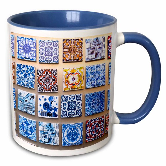3drose, Portugal, Lisbon, Alfama District, Many Versions of Colorful Tile Work, 11oz Two-tone Blue Mug
