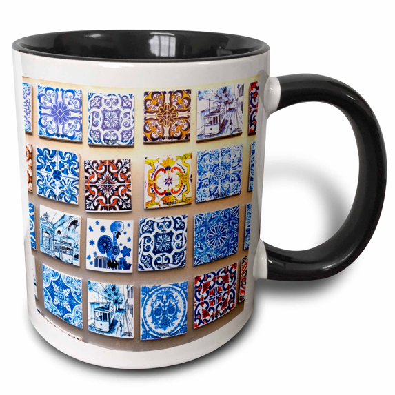 3drose, Portugal, Lisbon, Alfama District, Many Versions of Colorful Tile Work, 15oz Two-tone Black Mug