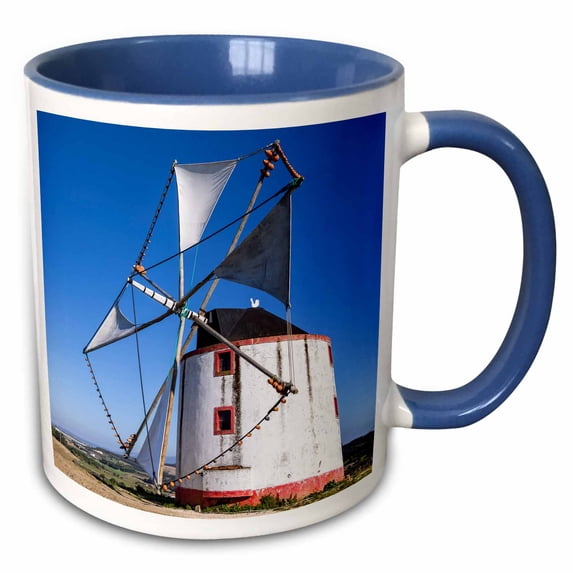 3drose, Portugal, Moita Dos Ferreiros. Clay Pot Windmills Catch the Winds. 2, 15oz Two-tone Blue Mug