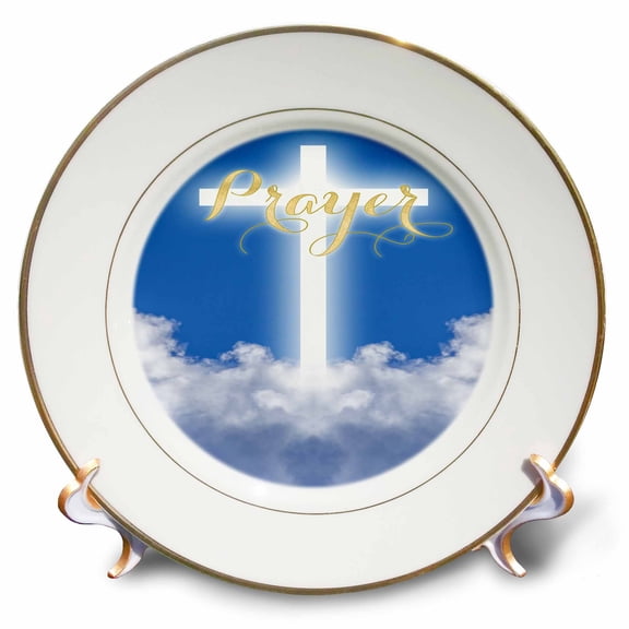 3dRose, Prayer Glowing Cross Heaven Clouds, 8 inch Porcelain Plate