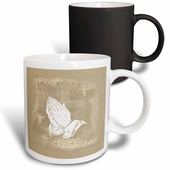 3drose, Praying Hands with Crosses, Sepia and White, 11oz Magic Transforming Mug