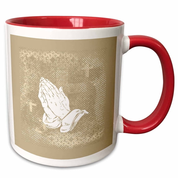 3drose, Praying Hands with Crosses, Sepia and White, 15oz Two-tone Red Mug