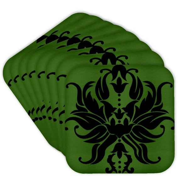 3drose, Pretty Black and Green Single Damask, Set of 8 Coasters - Soft