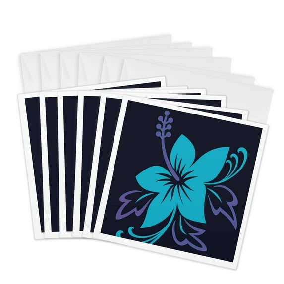 3drose, Pretty Blue Hawaiian Flower on a Black Background, 6 Greeting Cards with Envelopes