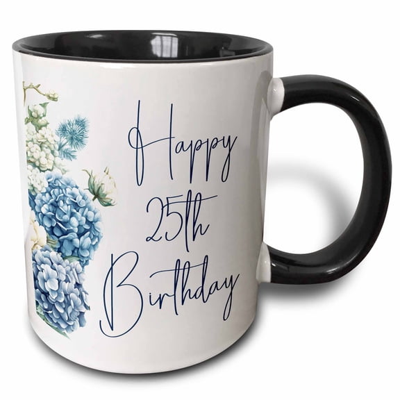 3drose, Pretty Blue Hydrangea Happy 25th Birthday, 11oz Two-tone Black Mug