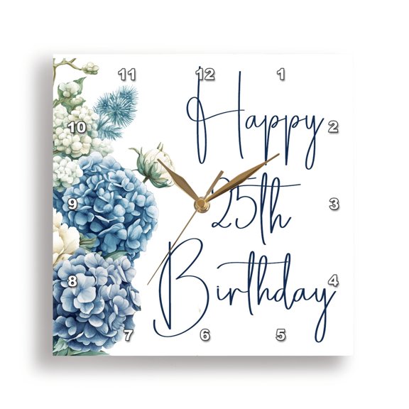 3dRose, Pretty Blue Hydrangea Happy 25th Birthday, 15x15 Wall Clock