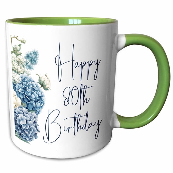 3drose, Pretty Blue Hydrangea Happy 80th Birthday, 15oz Two-tone Green Mug