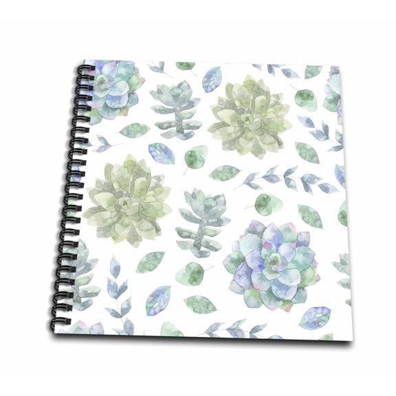 3dRose, Pretty Blue and Green Watercolor Succulent Flower Pattern, Drawing Book 8 x 8 inch