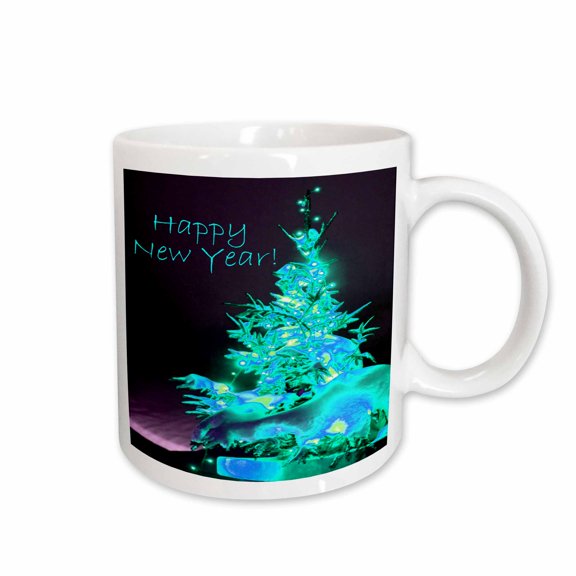 3drose, Pretty Christmas Tree Happy New Year in Ice Blue with Light Blue Text, 11oz Mug