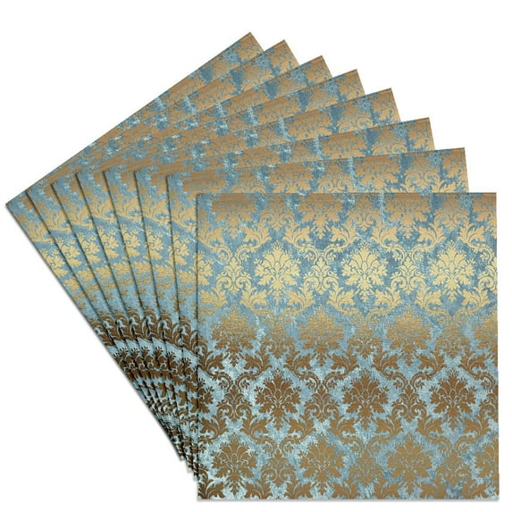 3dRose, Pretty Faux Foil Blue and Gold Damask, Set of 8 Ceramic Tile Coasters