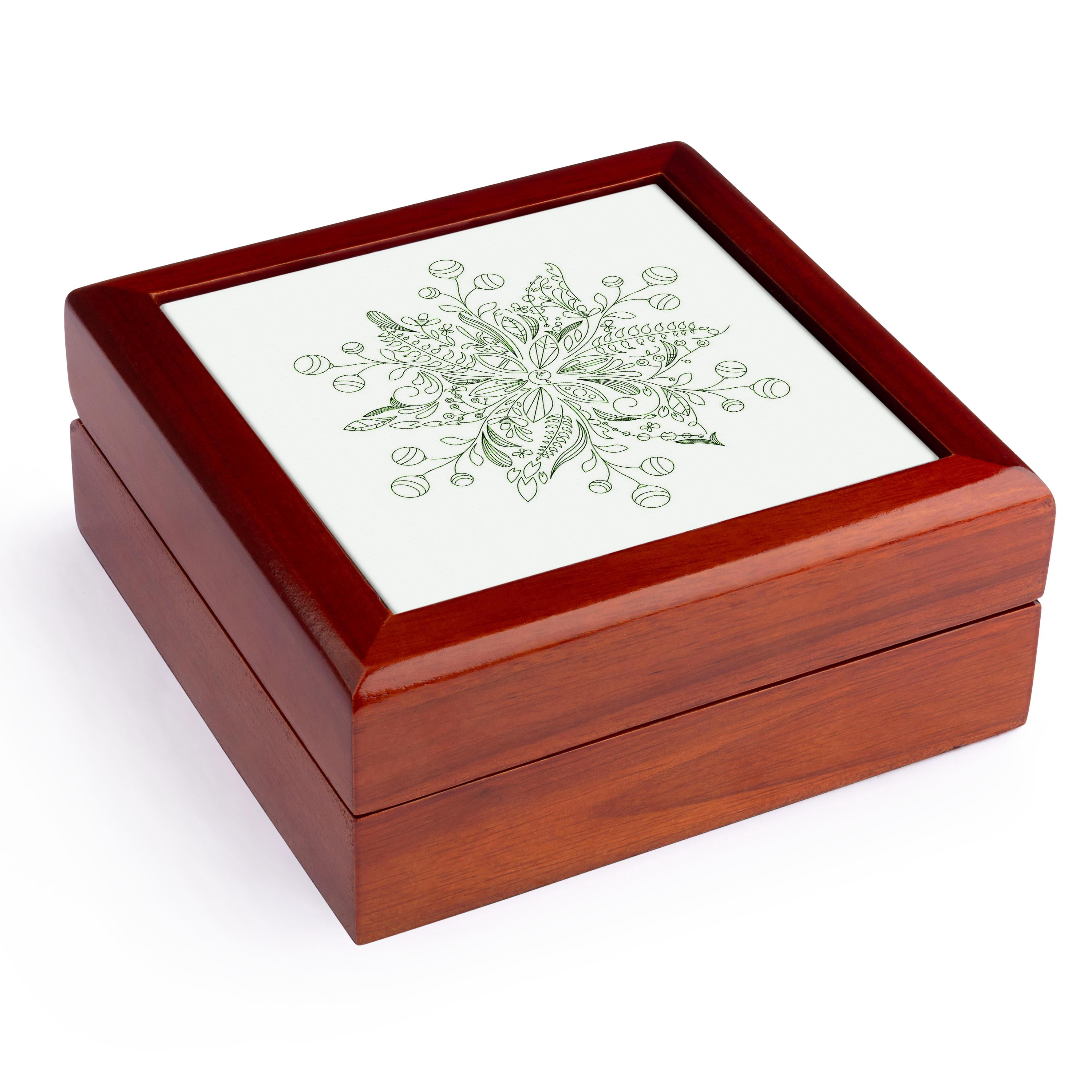 3dRose, Pretty Green Flowered Snowflake On A White Background, Jewelry Box 5.5x5.5 inch with 4 inch tile